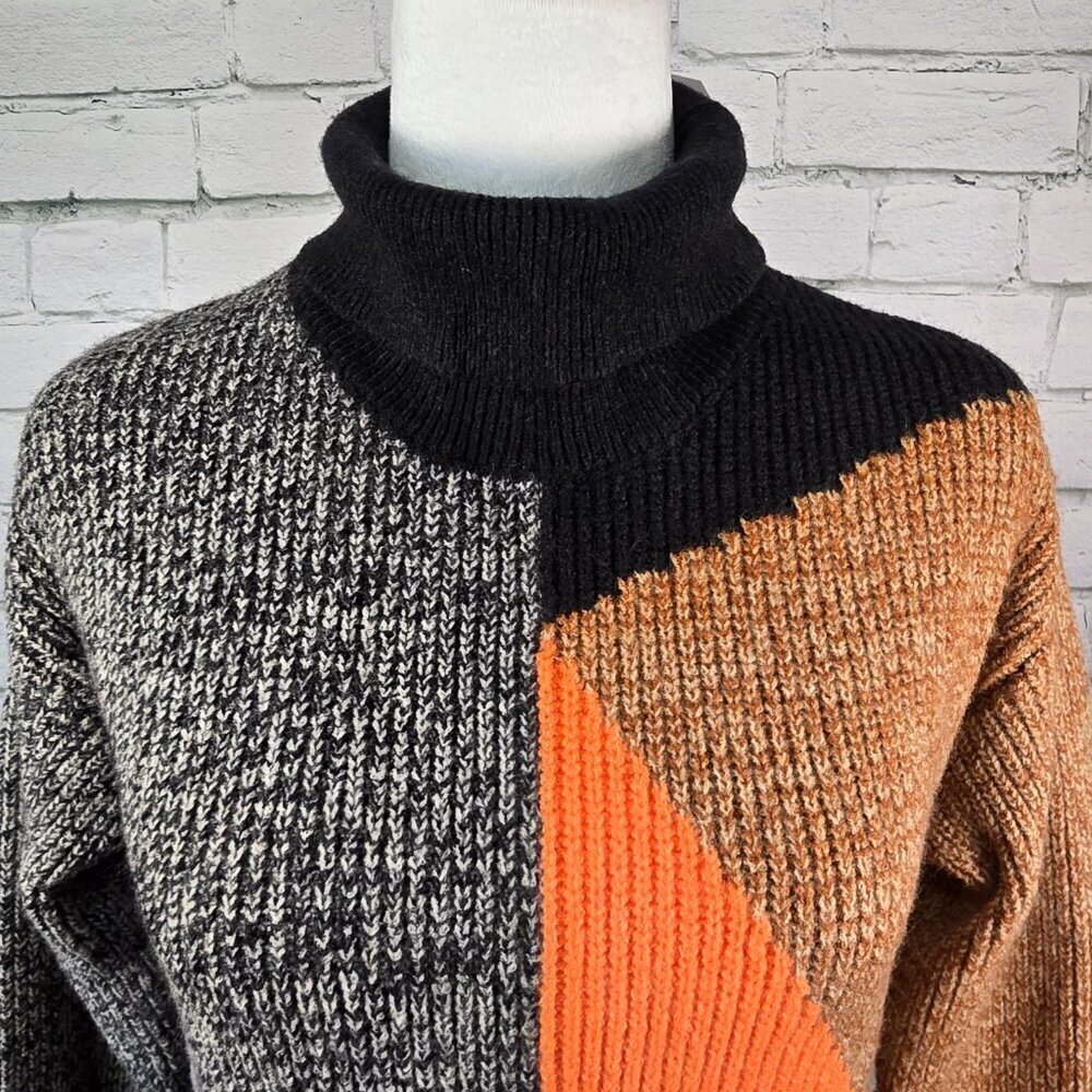 WOMENS COLORBLOCK GEOMETRIC KNIT TURTLENECK SWEATER, BLACK BROWN ORANGE SIZE S - Picture 5 of 7